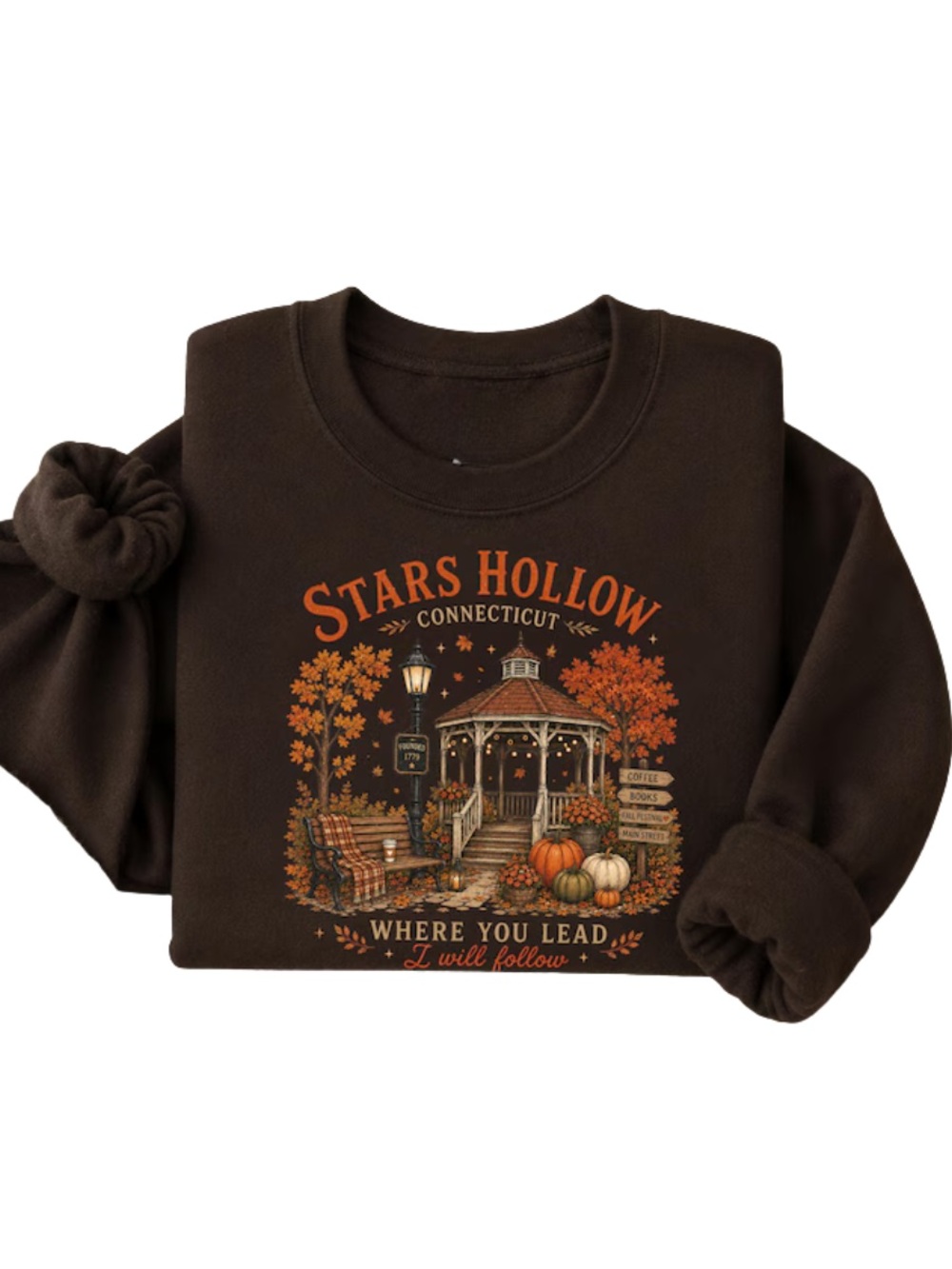 Gildan Brown Stars Hollow Connecticut Gazebo Sweatshirt, Vintage Pumpkin Graphic